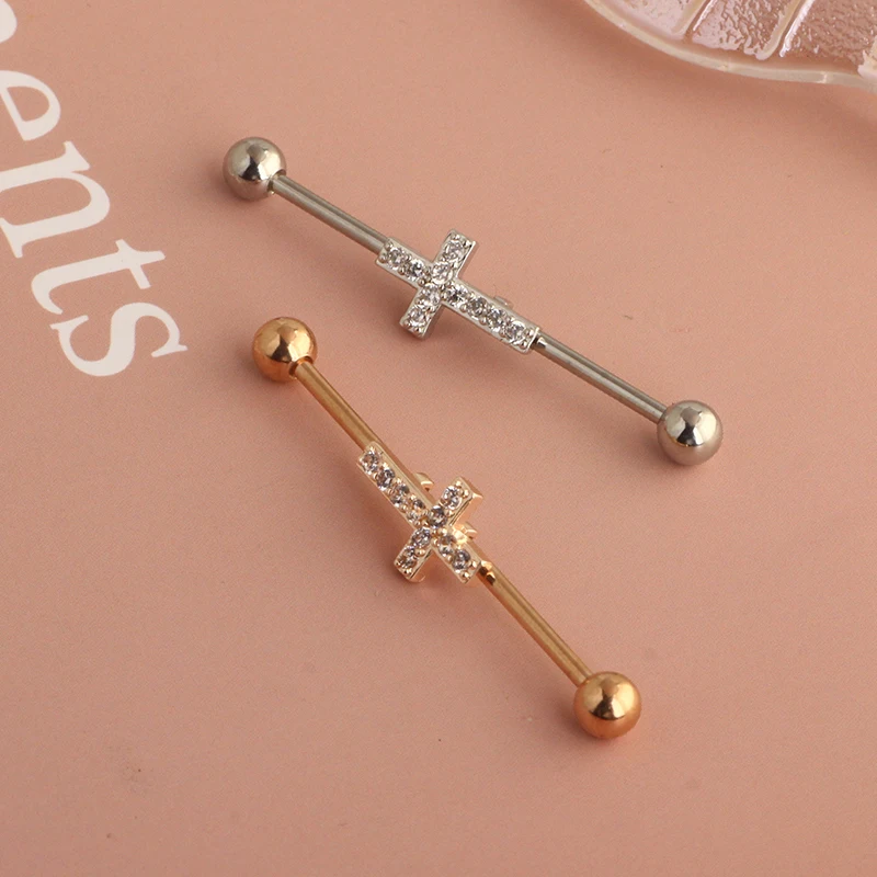 Long Industrial Barbell Rings Piercing Ear Stud CZ Zircon Cartilage Tragus Earrings 14 Barbell Jewelry tragus earrings