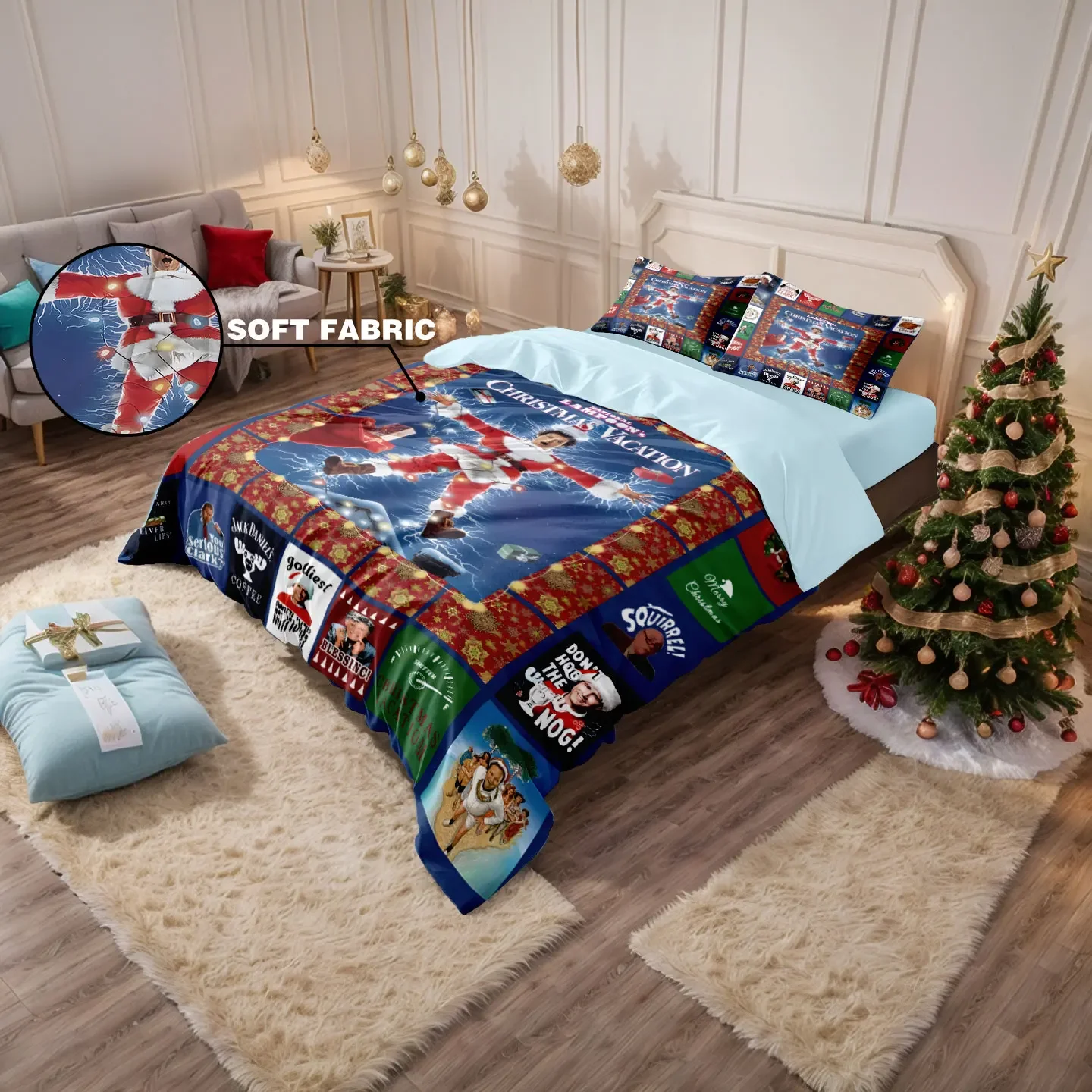 3pcs funny Christmas splicing Prin Coreless quilt Set Multi Size Bedroom Dormitory Soft  Comfortable Machine Washable