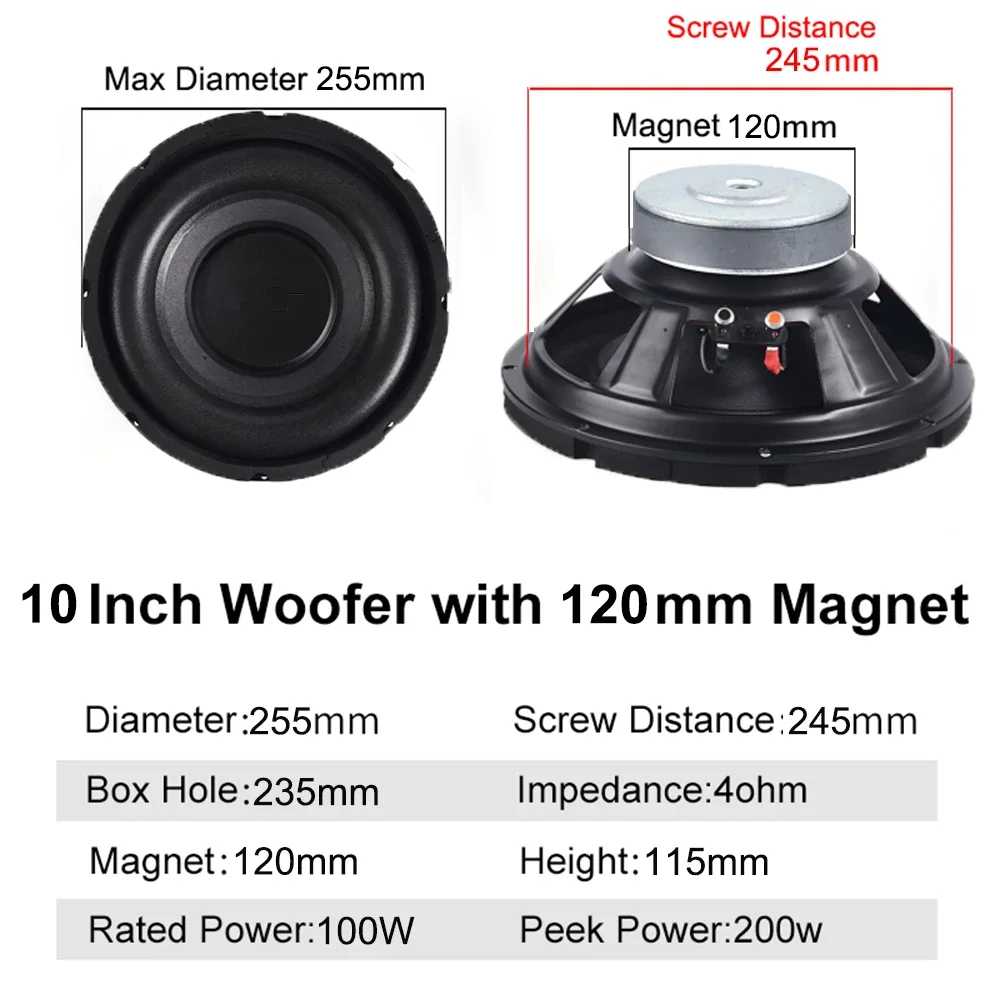 100W 4Ohm 10Inch SubWoofer Speaker 120MM Magnet Low Frequency Audio Bass Woofer Louderspeaker DIY Hifi System Home Theater audio speakers