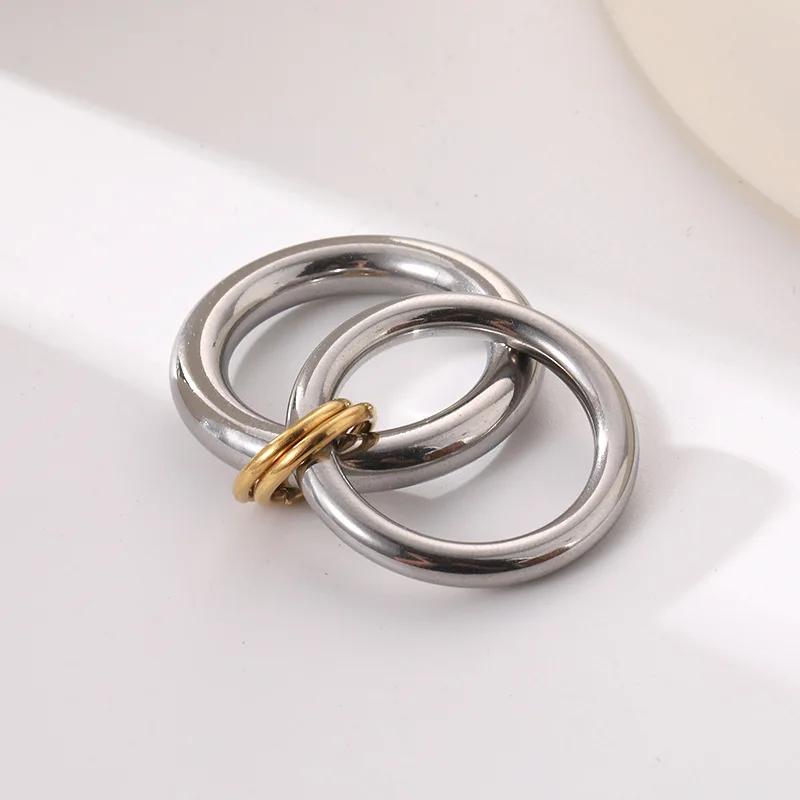Vintage Double Round Circle Small Round Finger Ring for Women 18K Gold Plated Waterproof Stainless Steel Rings Hiphop Jewelry
