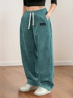 Women's Corduroy Pants Texture Straight-Leg Trousers with Drawstring Waist & White Piping - All-Season Casual to Semi-Formal - Image 3