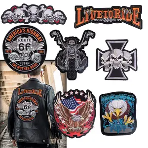 Skull Engine Lighting Large Embroidery Patches For Jacket Motorcycle Biker  PU Leather Iron On33*25CM Clothes Decoration Applique