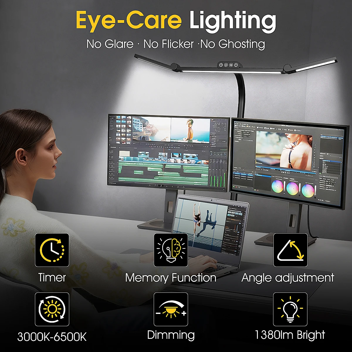 LED-Schreibtischlampe für Home Office, Intelligente Doppelkopf-Tischklemmleuchte mit Klemme, Verstellbare Flexible Schwanenhals-Arbeitsleuchte, Schwarz – Detail 3