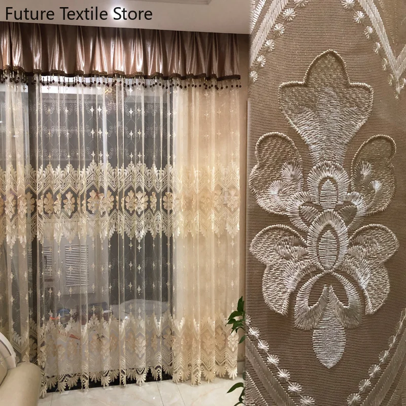 

New European-style Three-dimensional Embossed Gold Embroidered Gauze Curtains for Living Room Bedroom Finished Valance