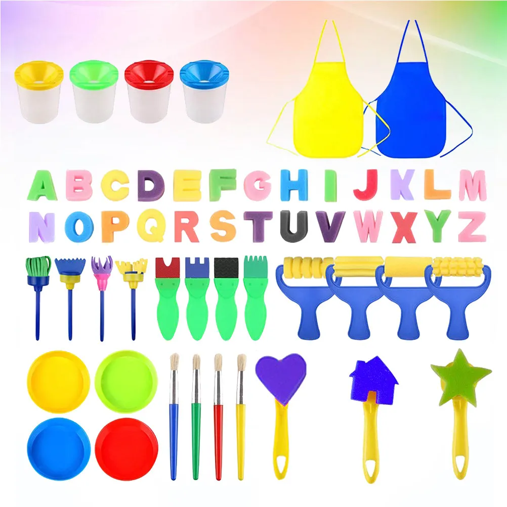 55Pcs 어린이 미술 그림 스폰지 브러쉬 세트 어린이를위한 안전하고 부드러운 플라스틱 스폰지 브러쉬 DIY 공예 그림 창의적 학습