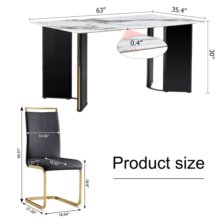 Table and chair set. 1 table and 4 black PU cushioned golden color leg chairs. White imitation marble tabletop MDF table legs w 4
