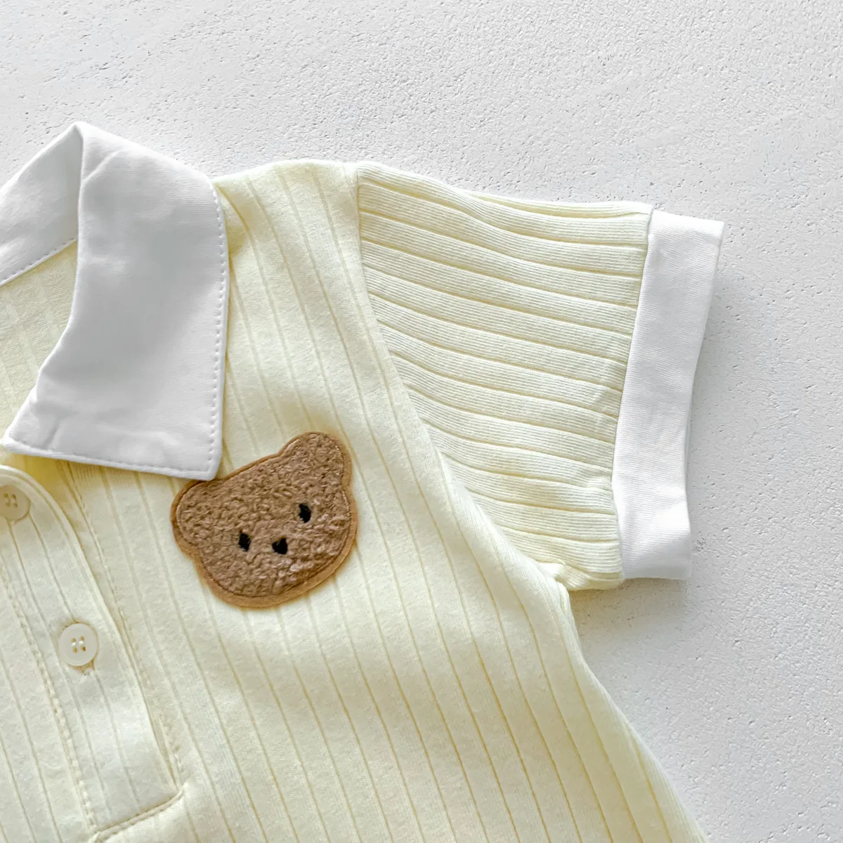 2025 Summer Toddler Baby Girls Romper Turndown Collar Short Sleeve Cartoon Bear Solid Cotton Triangle Infant Girls Bodysuit 6