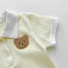 2025 Summer Toddler Baby Girls Romper Turndown Collar Short Sleeve Cartoon Bear Solid Cotton Triangle Infant Girls Bodysuit 6