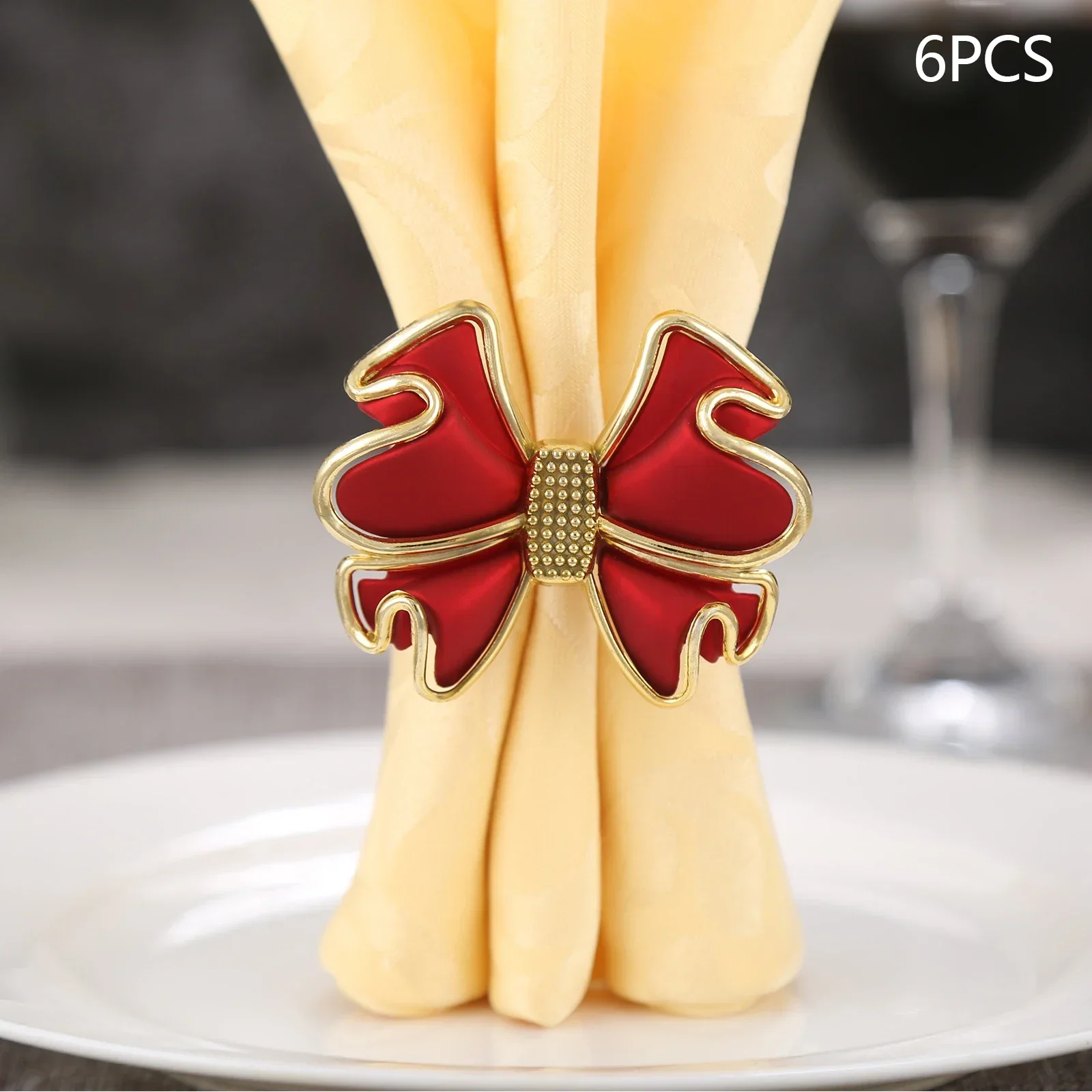 6pcs Model Room Kitchen Wedding Party Christmas Table Decoration Red Bowknot West Dinner Napkin Buckle Holder Napkin Rings 3.5cm