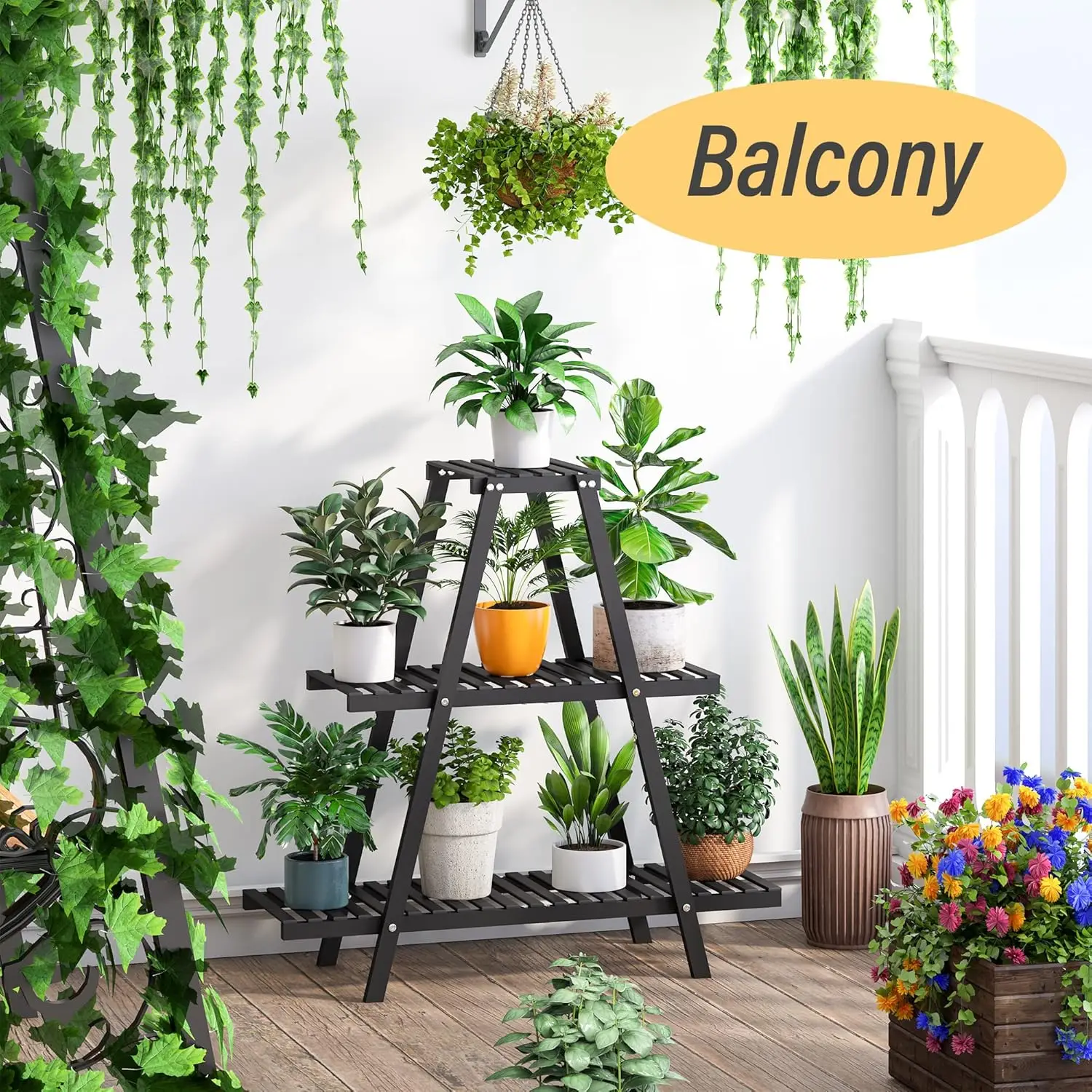Bamboo Plant Stand Indoor/Outdoor,  Rectangular, 8 Potted Flower Holder Ladder Plant Rack  wall shelf  shelves 5