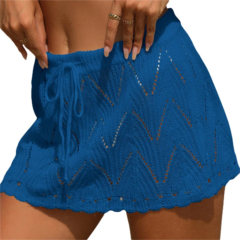 Falda de playa para mujer, de verano, de color liso, con cordón, de cintura alta, de punto, minifalda, traje de baño informal