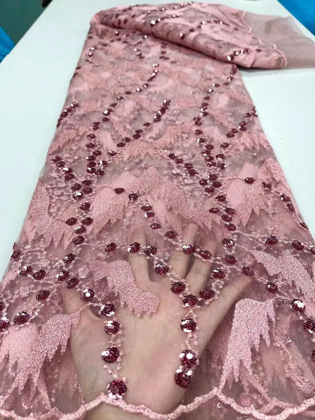 

New Arrival Pink African Mesh Lace Fabric 2023 Nigeria High Quality Tulle Sequins Lace Fabric For Women Evening Cloth Dress Sew