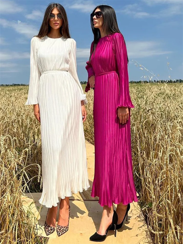 Vestido largo acanalado con volantes y cordones para mujer, manga larga, cintura alta, elegante, para fiesta, otoño, estilo vendaje