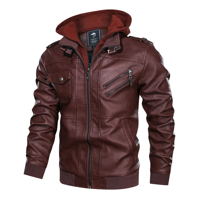 

Leather Jacket Men Spring Casual Windproof Motorcycle Removable Hoodie PU Jackets Male Outdoor Pilot Bomber Tactical Mens Coats