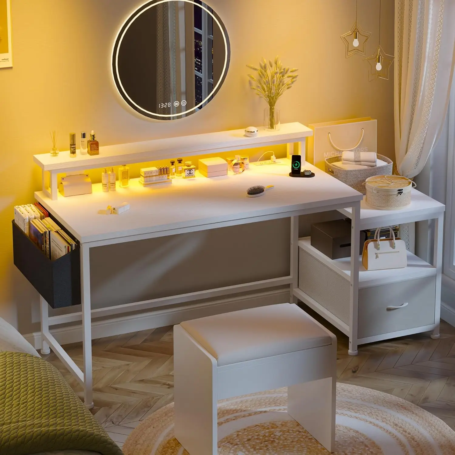 56.5" Computer Desk with File Drawers Cabinet,Study Writing Gaming Desk with Power Outlets,Home Office Desk White 3