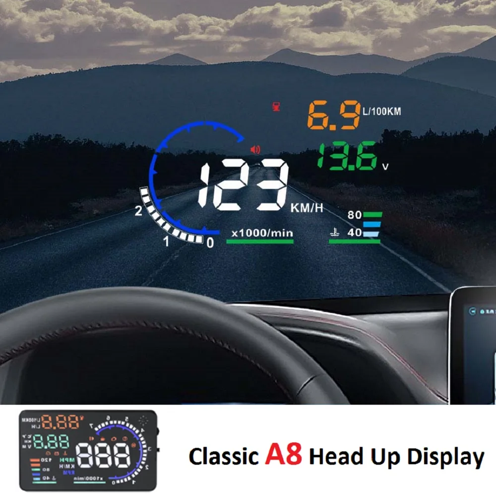 

Дисплей OBD2 HUD на лобовое стекло, дисплей 5,5 дюйма, цифровой спидометр A8 HUD, проектор на лобовое стекло с сигнализацией скорости, воды, температуры, об/мин