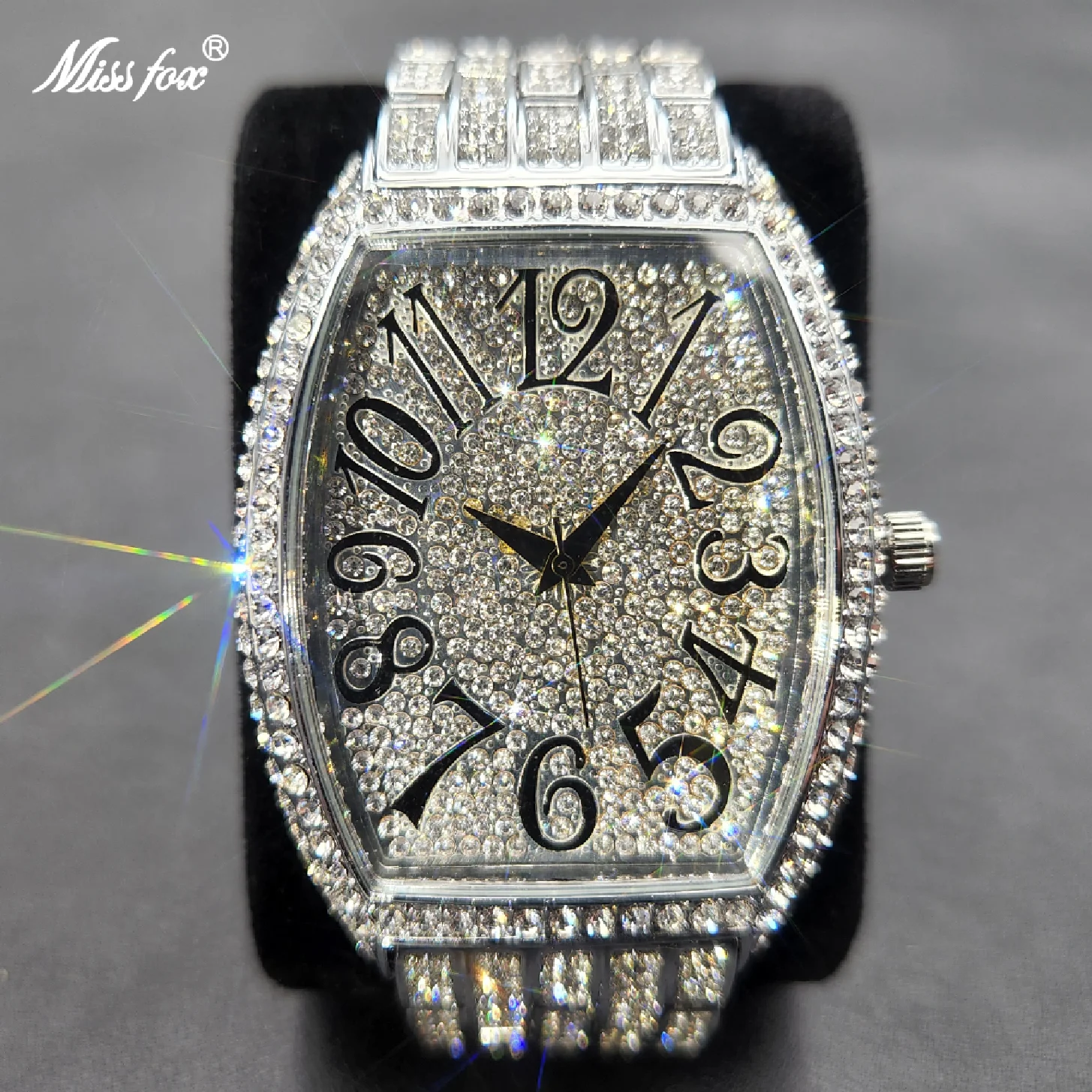 

New Ice Out Mens Watches Popular Tonneau Full Moissanite Silver Geneva Male Watch Hip Hop Original Waterproof Relogio Masculino