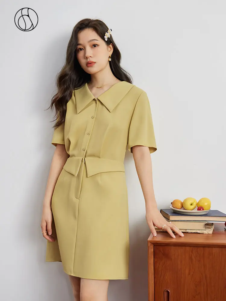 

DUSHU Temperament Commuting Simple Waist Thin Dress for Women Summer New Length Optional Solid Color A-Line Office Lady Dress