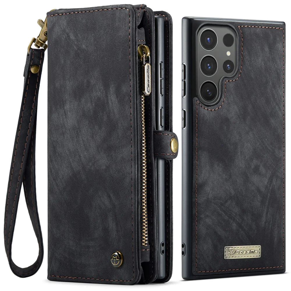 Luxury Leather Wallet Phone Case with Detachable Magnetic Zipper and Card Holder