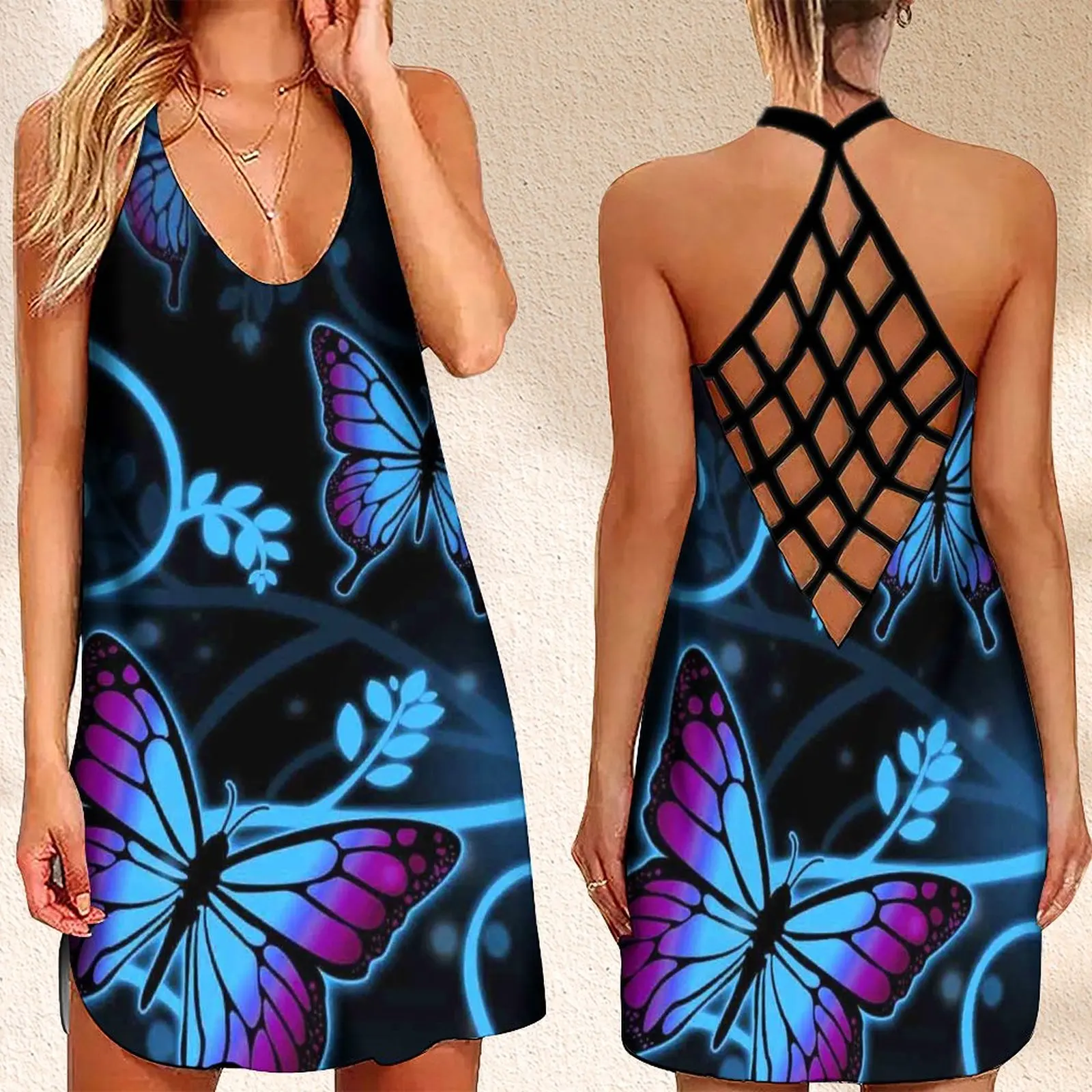 

Summer Women's Criss Cross Backless Sleeveless Dress VintageClothes For Women Butterfly ShinePrint Dress
