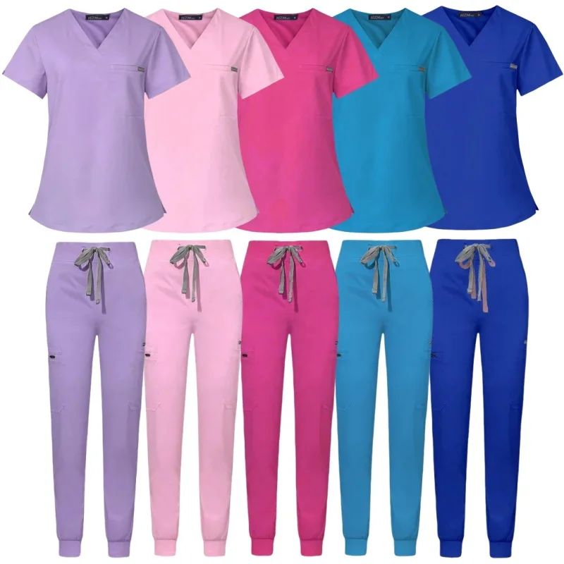 

Hospital Elastic Lightweight Scrubs Sets Doctors Short Sleeved Tops+Pants Sets Work Clothes Hospital Operating Room Uniforms