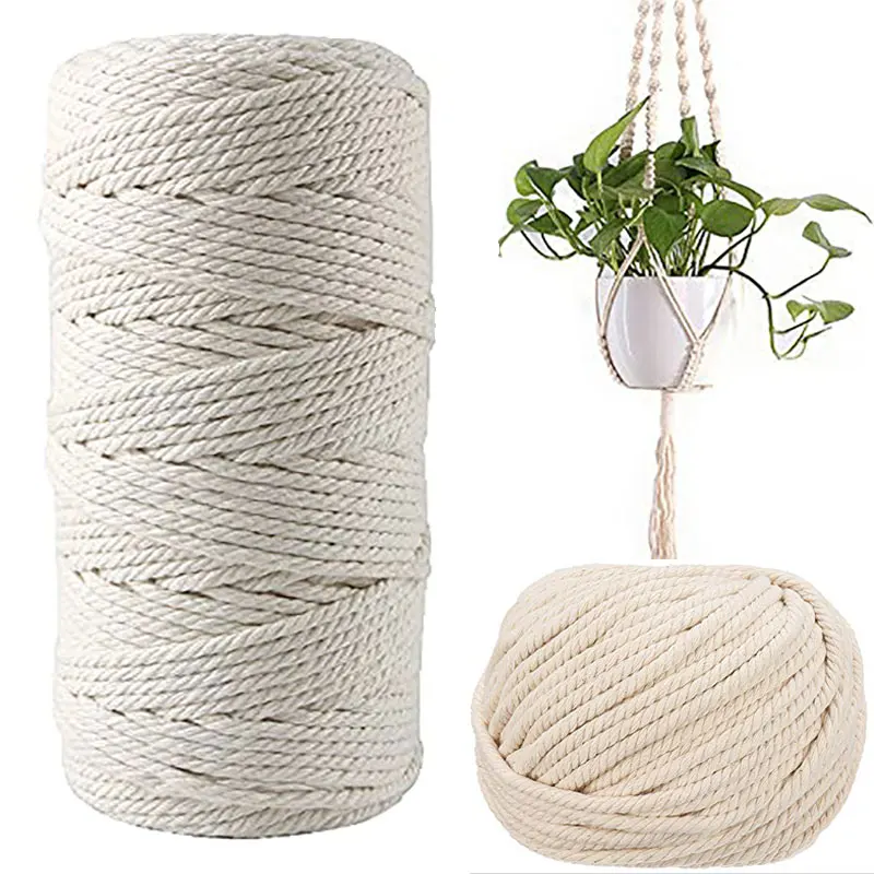 100M Natural Macrame Cotton Cord Macrame Cord Twisted Soft Cotton String for DIY Plant Hanger Craft Making Knitting Rope