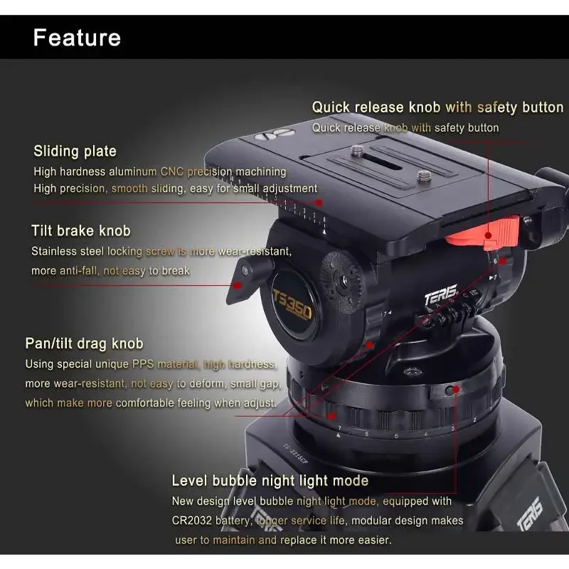 Teris TS100,TS120,TS150,TS300 Fluid Head 100mm Head fitting 30KG payload for tripod