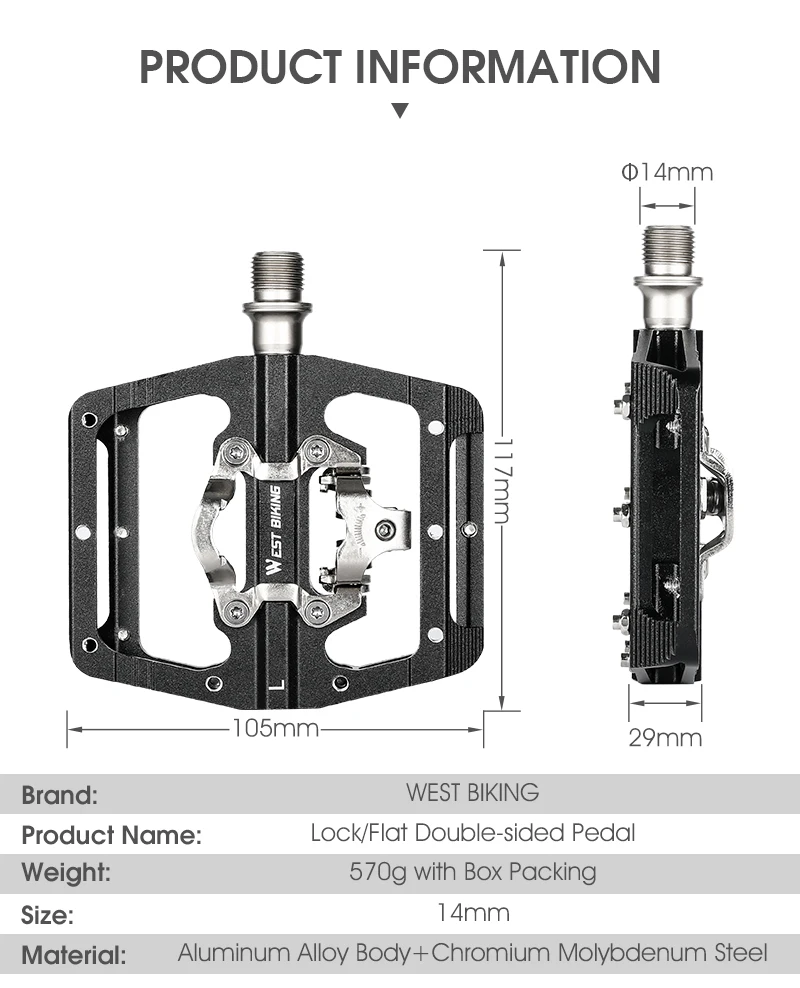 WEST BIKING 2-in-1 Fahrradpedale Selbstverriegelnd & Flache Fahrradpedale Rutschfeste Aluminium-DU-Lager-Pedale MTB Rennrad-Teile – Detail 2