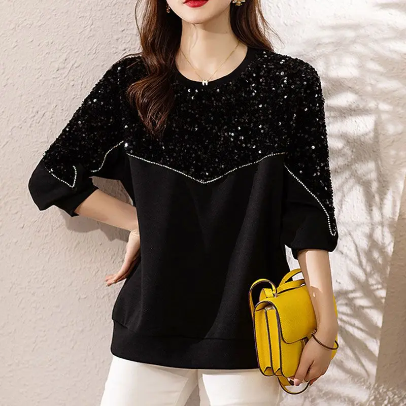 

Tshirts Glitter Loose Clothes Female Tops Black Women's T Shirts Sequin Rhinestone Emo 2023 Spring and Autumn New Arrivals Tees