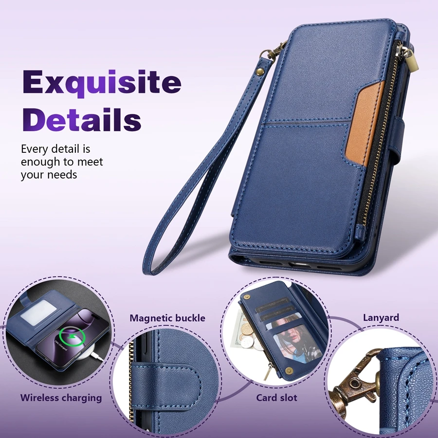 Luxury Leather Wallet Case with Multi-card Slots and Zippered Kickstand