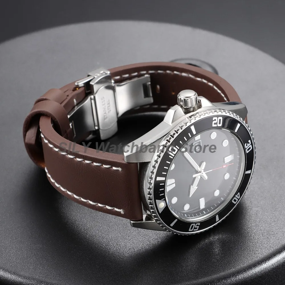 18/20/22/24mm Retro Vintage Leder-Uhrenarmbänder Silber Schwarz Roségold Schmetterlingsverschluss Uhrenarmbänder Universelle Business-Armbänder – Detail 4
