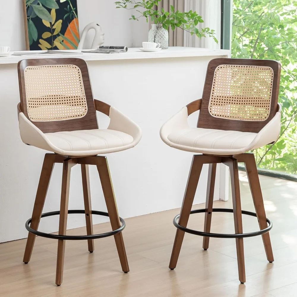 Set of 2 Mid Century Modern Counter Stools-26.4 inch Swivel Rattan bar stools with Cane Back, Upholstered Faux Leather, Walnut