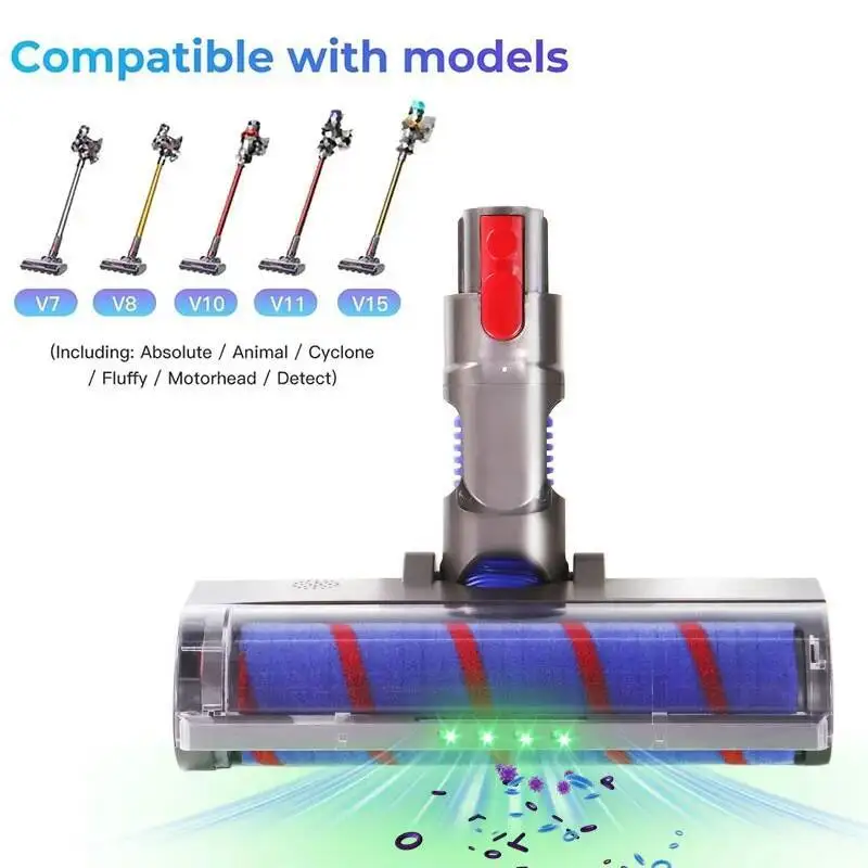 Soft Roller Brush Head For Dyson V7 V8 V10 V11 V15 Vacuum Cleaner Brushes with Direct Drive and 4 LED Lights for Hard Floors