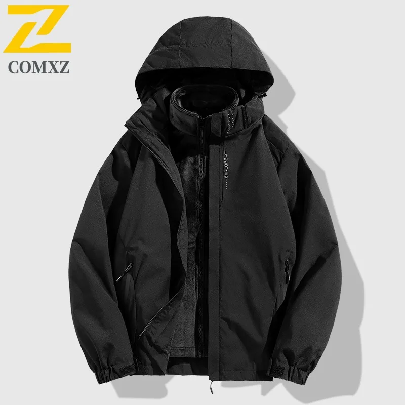 COMXZ Men Adventure Jacket Thickened Outdoor Windproof Motorcycle Jacket Fashion Hooded 3-in-1 Lightweight Winter Clothing