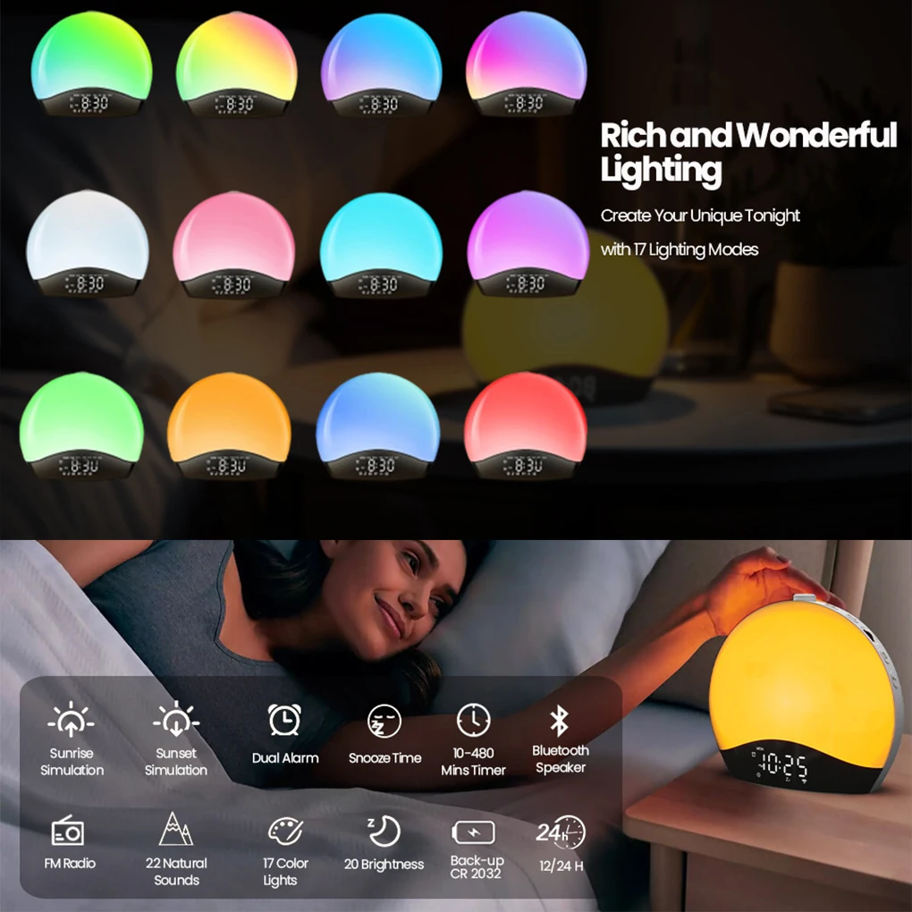17 lichtmodi en overzicht van alle kleuren die de wekker kan tonen