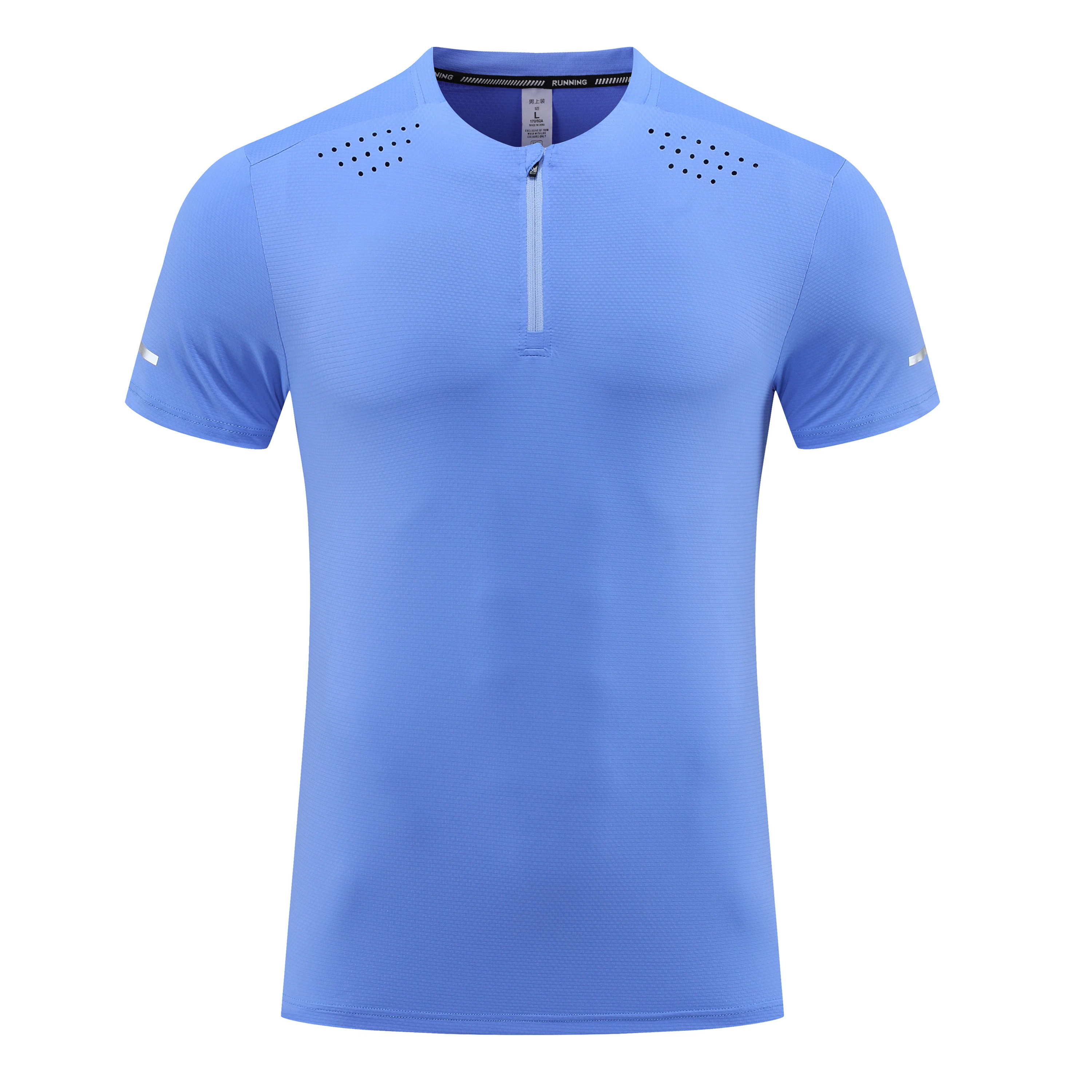 Men Marathon Workout Fitness Gym Top Ice Cool Half Zipper T Shirt Running Shirts Short Sleeve Elastic Training Sport Kit Clothes 5