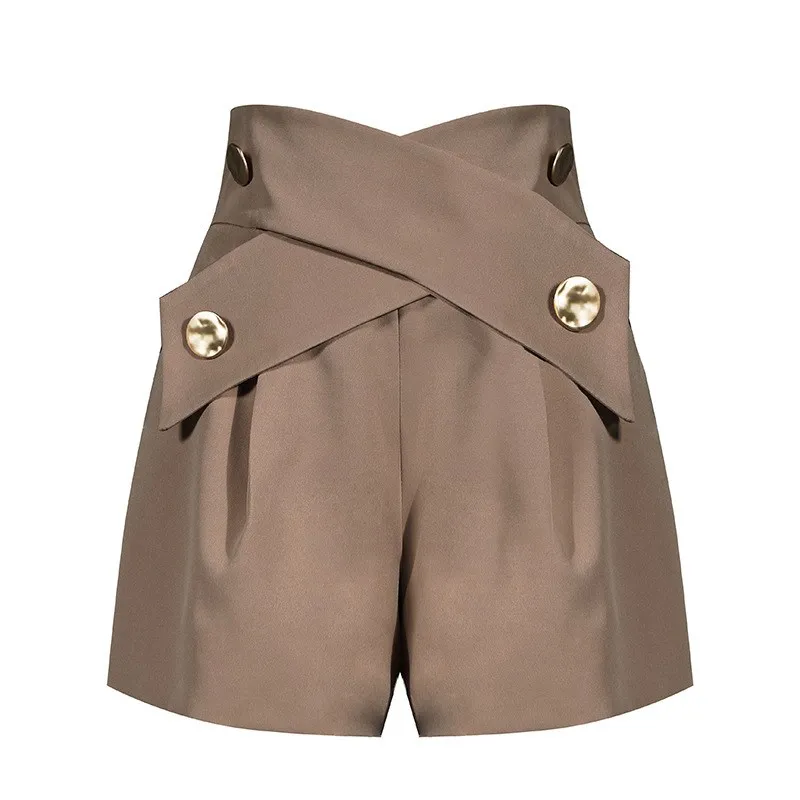 BPN Temperament Patchwork Metal Button Shorts For Women High Waist Solid Casual Loose Wide Leg Short Pants Female Fashion Style