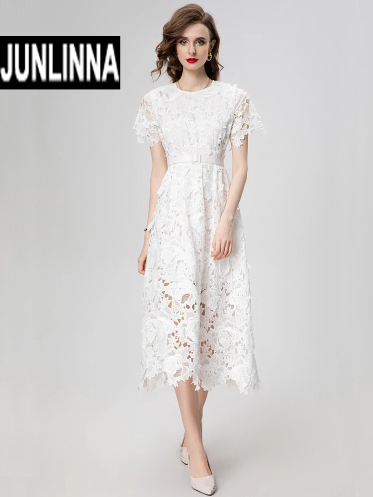 

JUNLINNA Run Dress Women Chemical Lace 3D Embroidery Party Vacation Vestidos O-Neck Short Sleeve Waist-closing