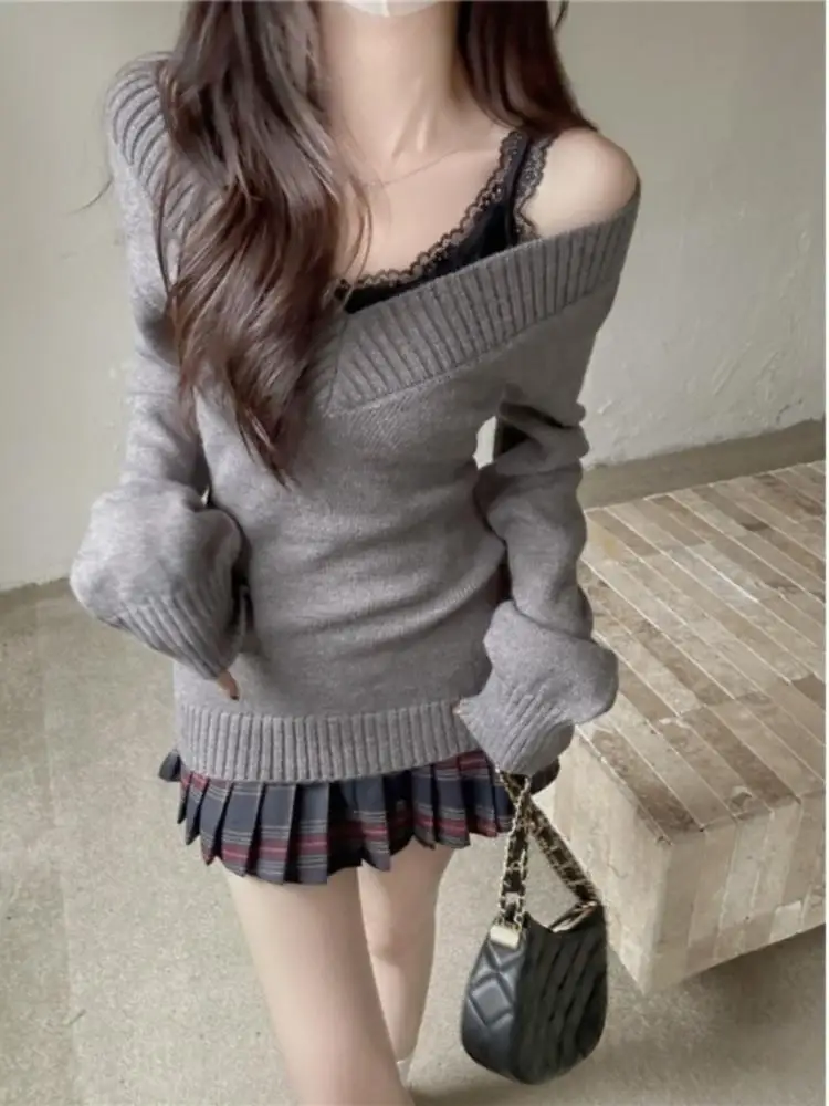 Women Retro V-Neck Slim Fit Long Sleeve Knitted Sweater Summer Soft Versatile Overhead Top Ins Commute Casual Wear 3