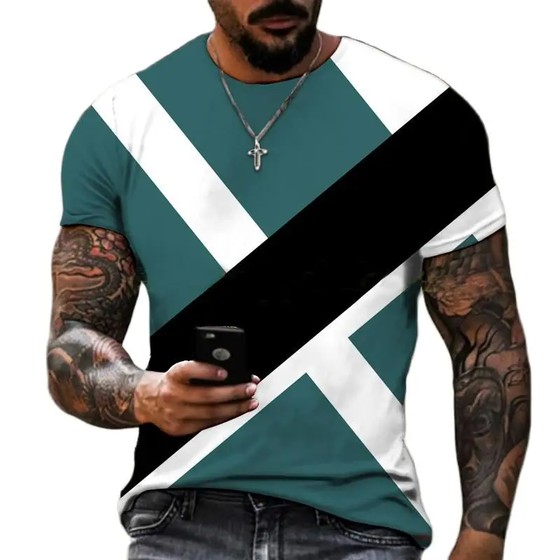 

Refreshing Summer Men's Short Sleeve Split 3D Printing Large Round Neck Sports Loose Casual Street Breathable Lightweight Top