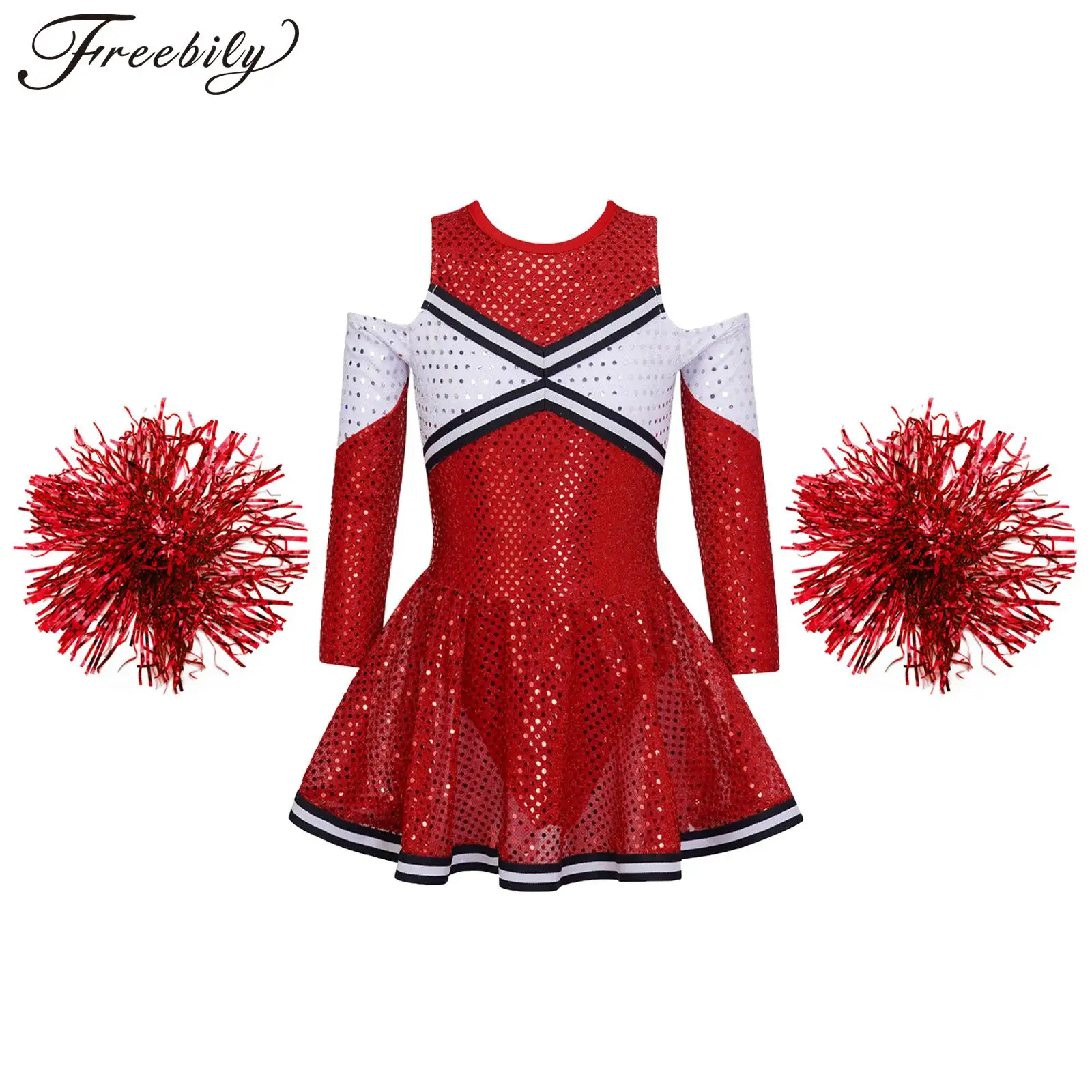 

Kids Girls Sequins Cheer Leader Costume Long Sleeve Off Shoulder Latin Jazz Dance Stage Performance Cheerleading Dress Outfits