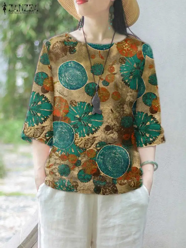 

ZANZEA Women Cotton Linen Tunic Fashion 3/4 Sleeve Blouses Elegant Floral Printing Blusa 2023 Summer Casual Loose Round Neck Top