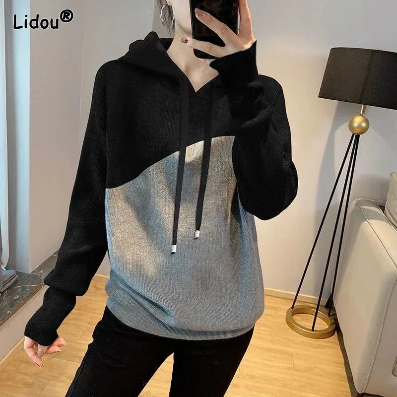 

Streetwear Thin Bright Line Decoration Worsted Hoodies Leisure Loose Patchwork Hooded Spring Autumn Women's Clothing Comfortable