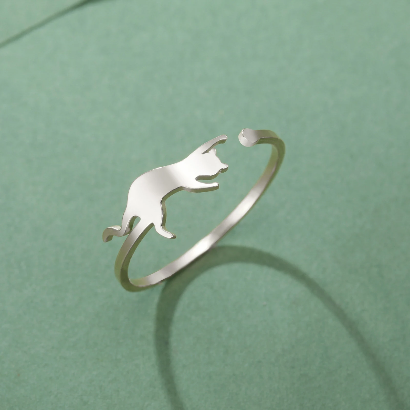 Cute Playing Cat Rings Adjustable Stainless Steel Minimalist Ring Women Fashion Kitten Animal Jewelry - PeticaDeals
