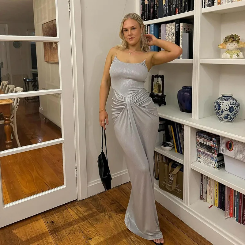 Spaghetti Strap Sexy Backless Maxi Dress Outfits Women Elegant Birthday Vestido 2025 New Club Party Ruched Dresses Female