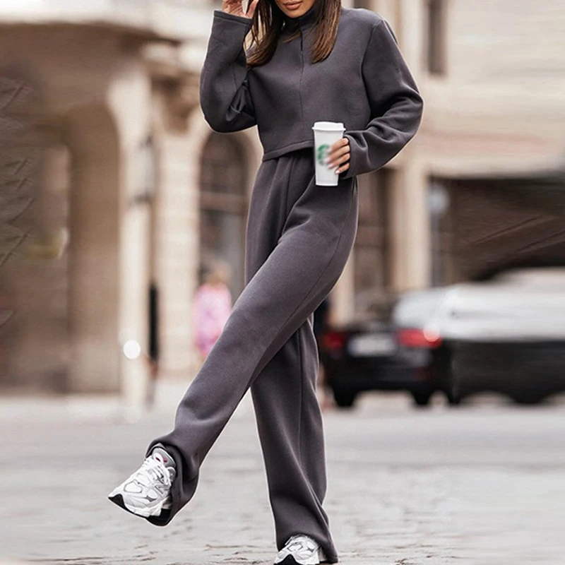 

Autumn Spring Solid Color Tracksuit Set Women Stand Collar Long Sleeve Pullover+Long Pant Set Fashion Simple Loose Sport 2pc Set