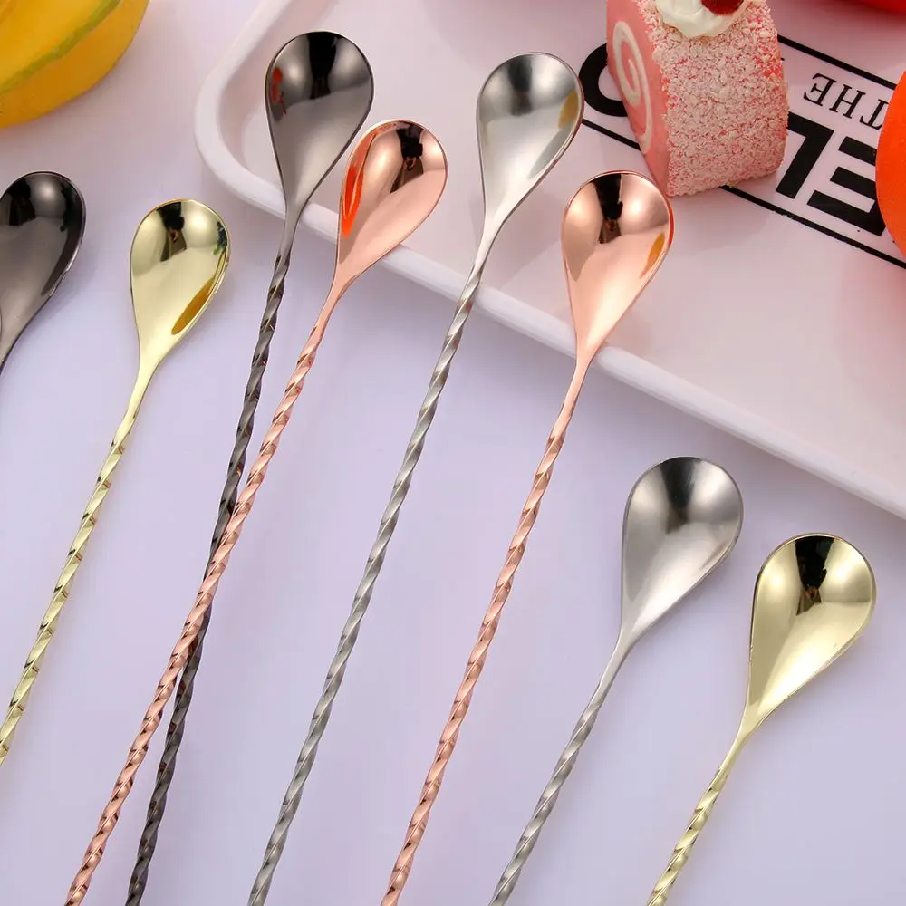 Cocktail Spoon Long Handle Stainless Steel Spiral Cocktail Spoons Teadrop Scoops Bartender Stirring Tools Kitchen Supplies Accessories