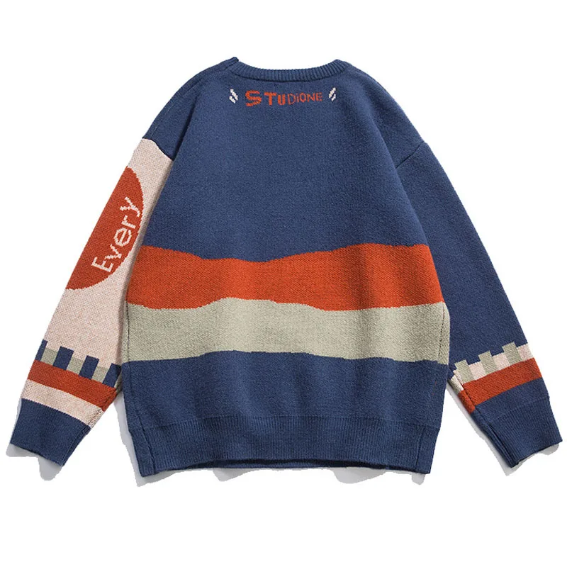 Spring and Autumn Fashion Casual Loose Men's Sweater Color Block Letter Printing Harajuku Pullover Couple Street Ropa De Hombre 2