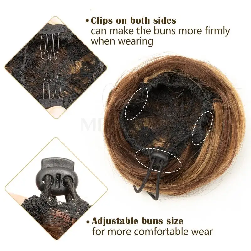 Human Hair Buns Claw On Drawstring Ponytail Flexible Hair Pieces Updo Donut Chignon Clip On Buns for Wedding and Show