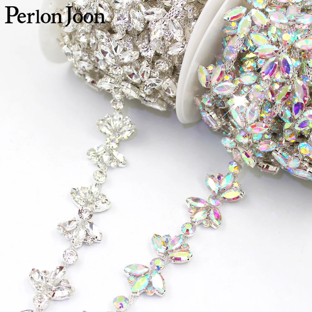 Blume AB Farbe Silber Glas Kristall Kette Strass Trim dekorative Schuhe DIY Zubehör ML170